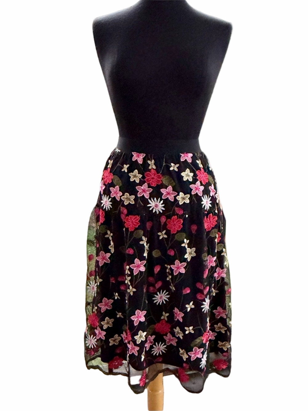 Linea by Louis Dell'Olio Floral Embroidered Layered Skirt Size Small QVC Black